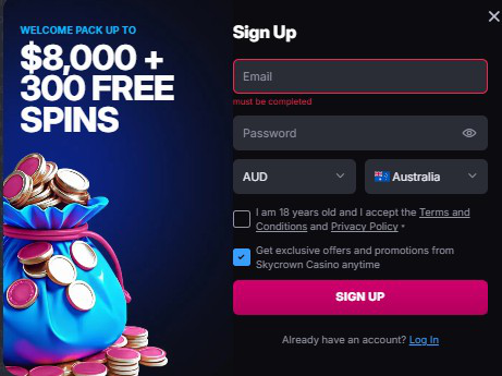 SkyCrown casino registration tab visual